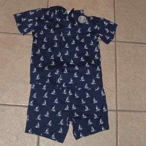 NEW NWT Boys Sz 4-5 Years Navy Blue Sailboat Print Shorts & Shirt 2 Pc Set NEXT